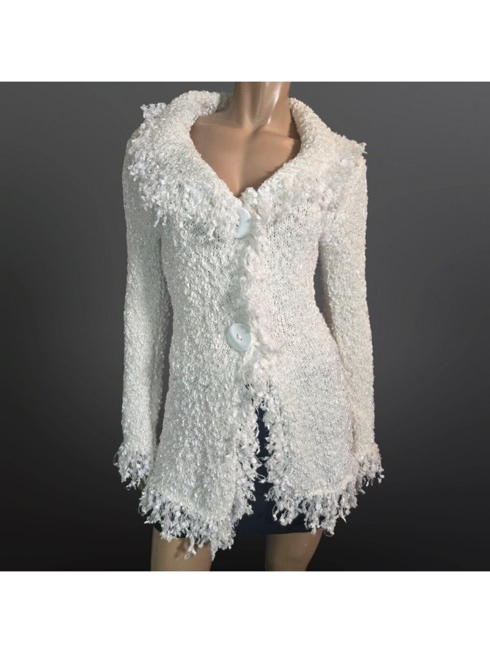 Y2K White Shaggy fringed Mid Length Fitted Cardigan Size S Fairycore Angelcore